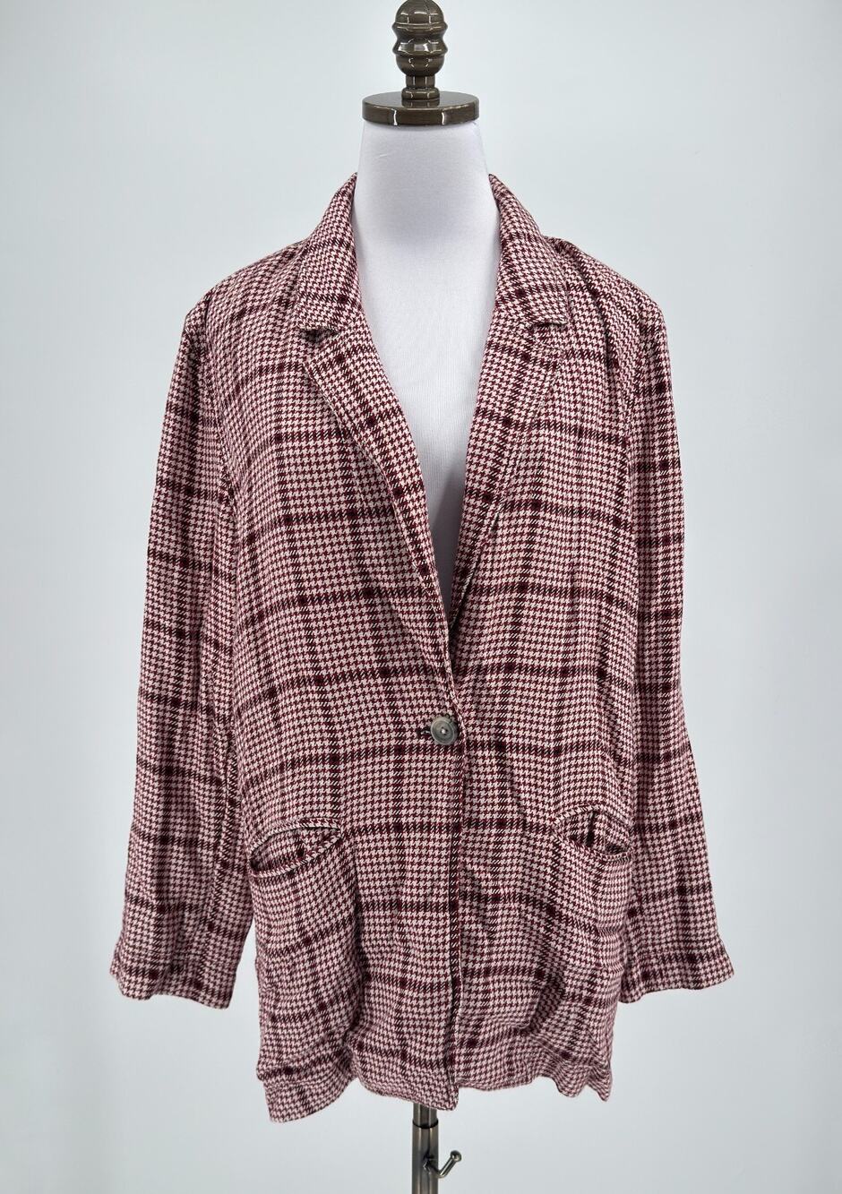 We The Free Free People Burgundy Houndstooth Linen Blend Boyfriend Blazer Sz S